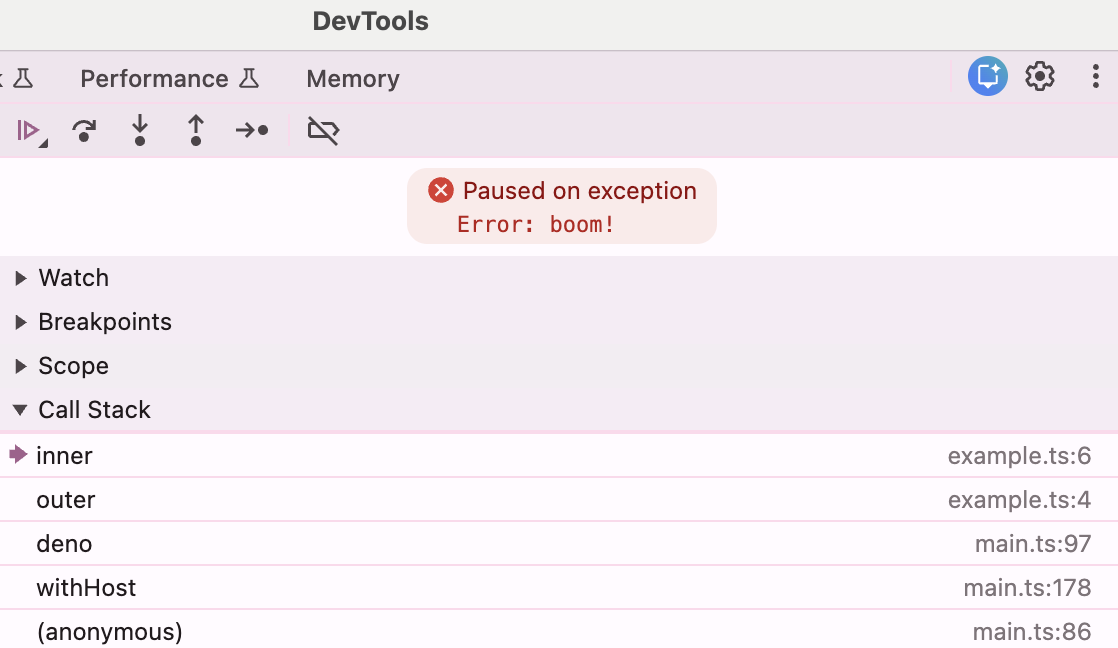 Chrome Devtools shows the same stacktrace as the console